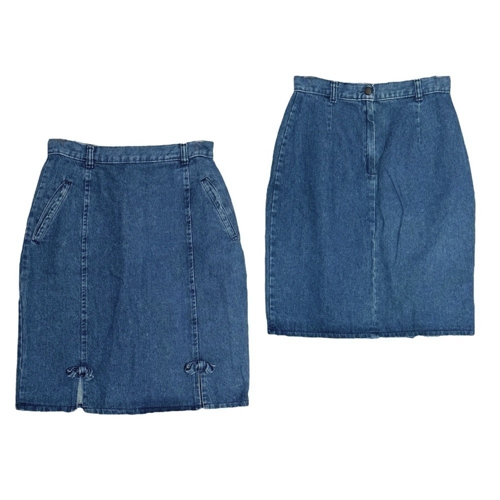 Vintage Carlyle Y2K Denim Pencil Skirt Bow Back Slit High Waist 100% Cotton 14